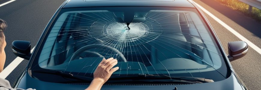 Поврежденное лобовое стекло автомобиля после попадания камня